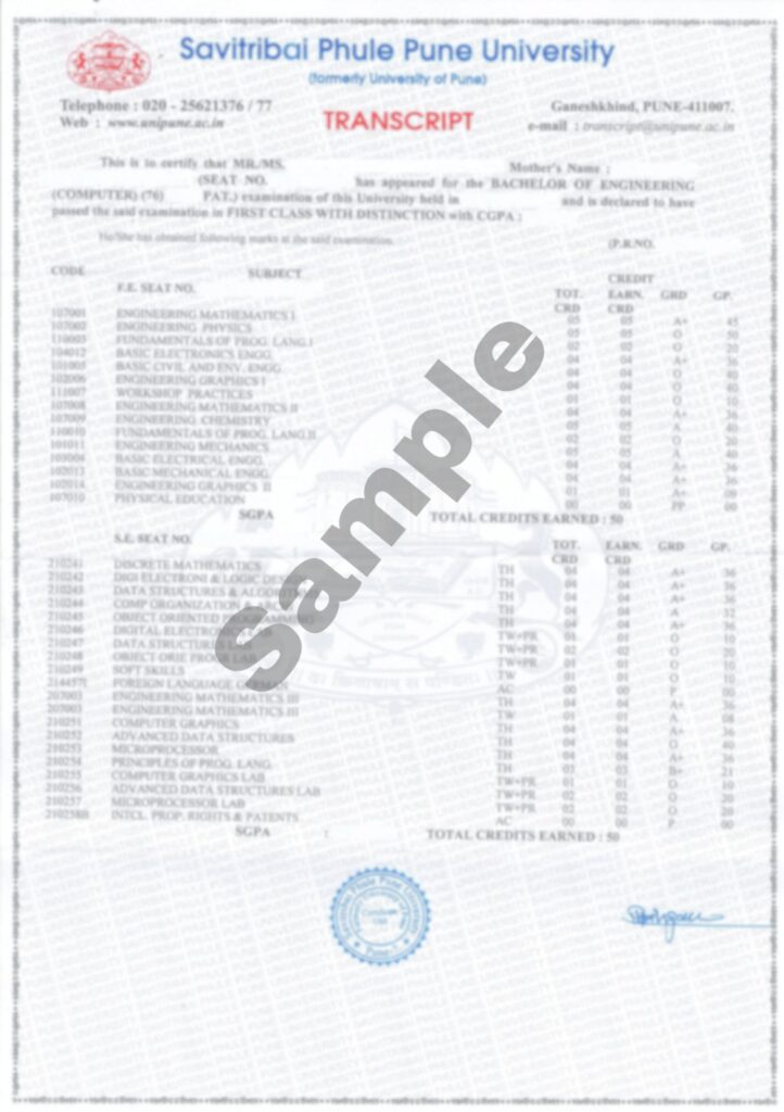 Pune University transcript Sample