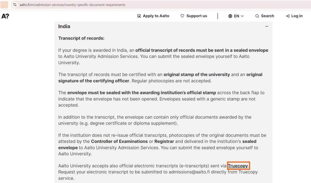Aalto University transcripts request