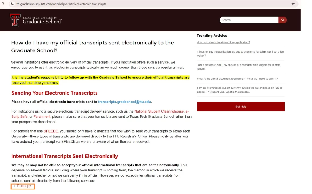 Texas Tech University Graduate School transcripts request