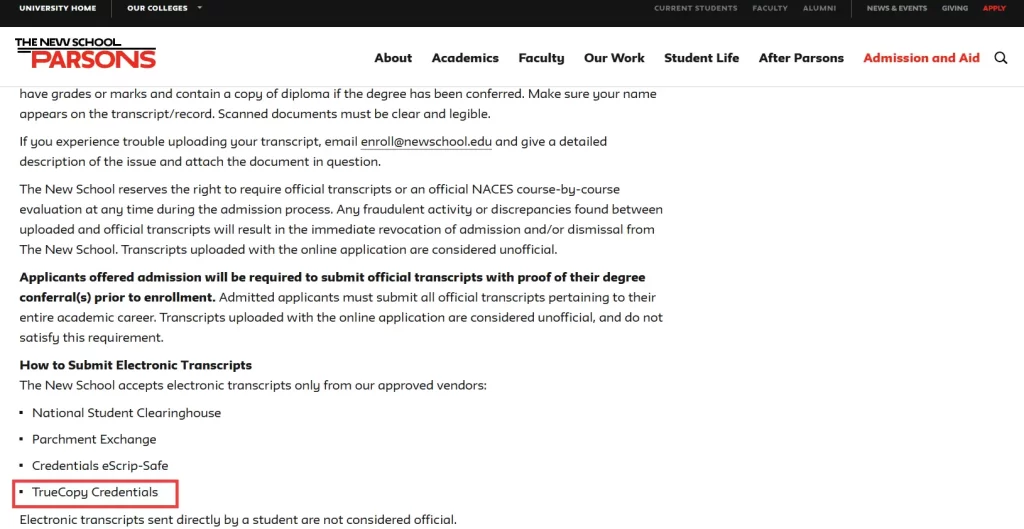 The New School electronic transcripts