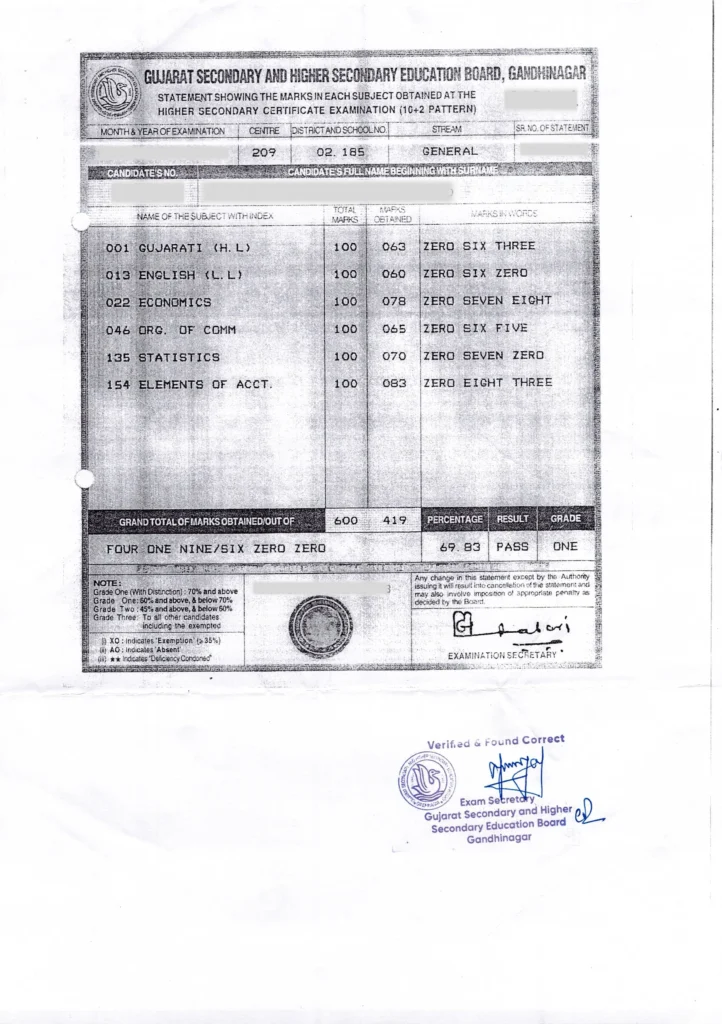 Gujarat Secondary Education Board (GSEB) Transcripts Sample