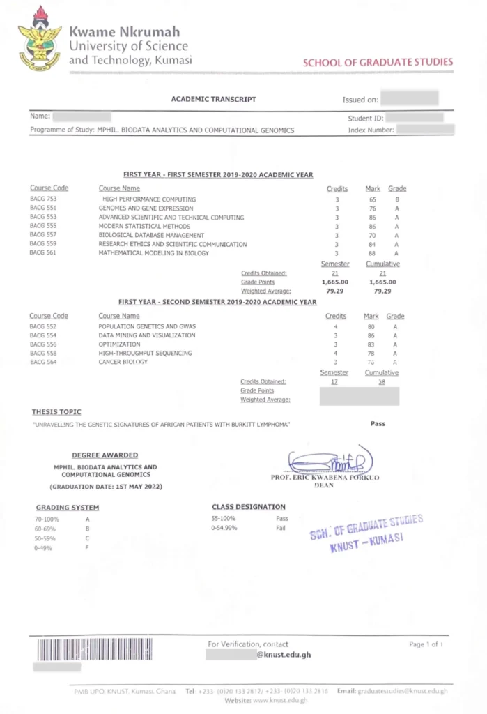 Kwame Nkrumah University of Science and Technology Transcript